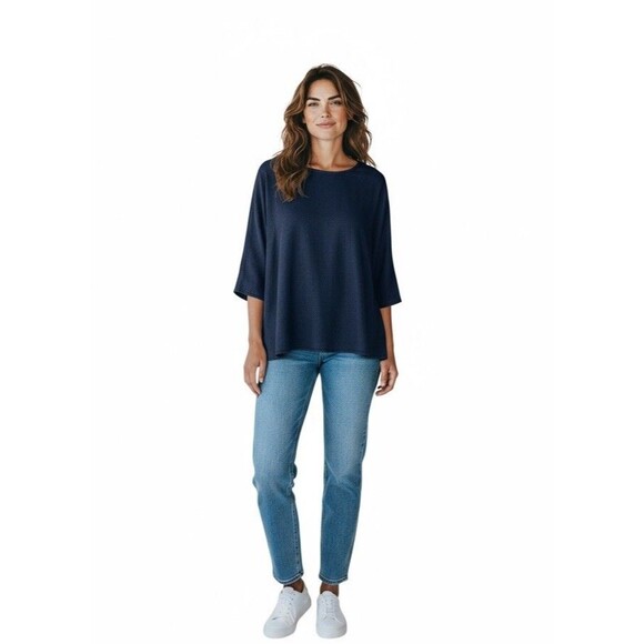 COS Denim Tunic Top Women's Cotton Round Neck Short Sleeve Oversized Navy Blue M - Picture 1 of 16